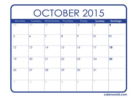 October 2015 Calendar Printable